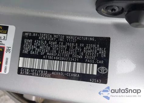 2008 Toyota Camry Le from USA, damaged, VIN 4T1BE46K08U233421